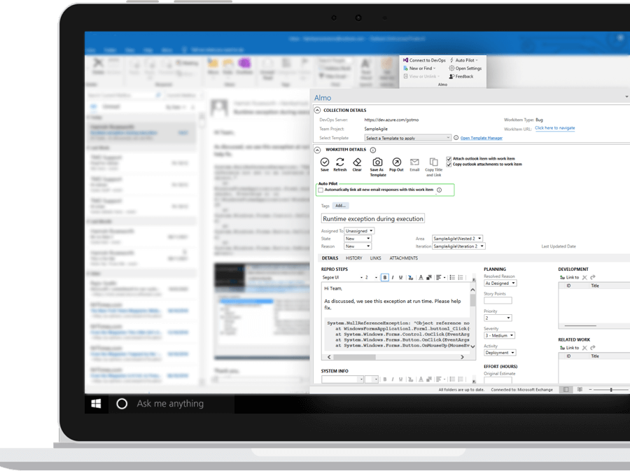 Almo Saves time by creating azure devops work items from Outlook.