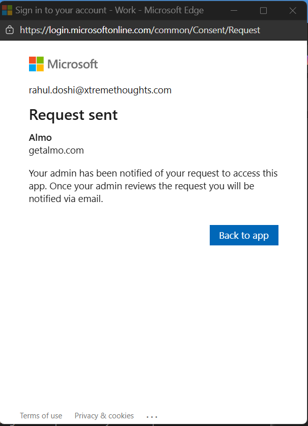 Microsoft confirmation screen showing the message: Your admin has been notified of your request to access Almo