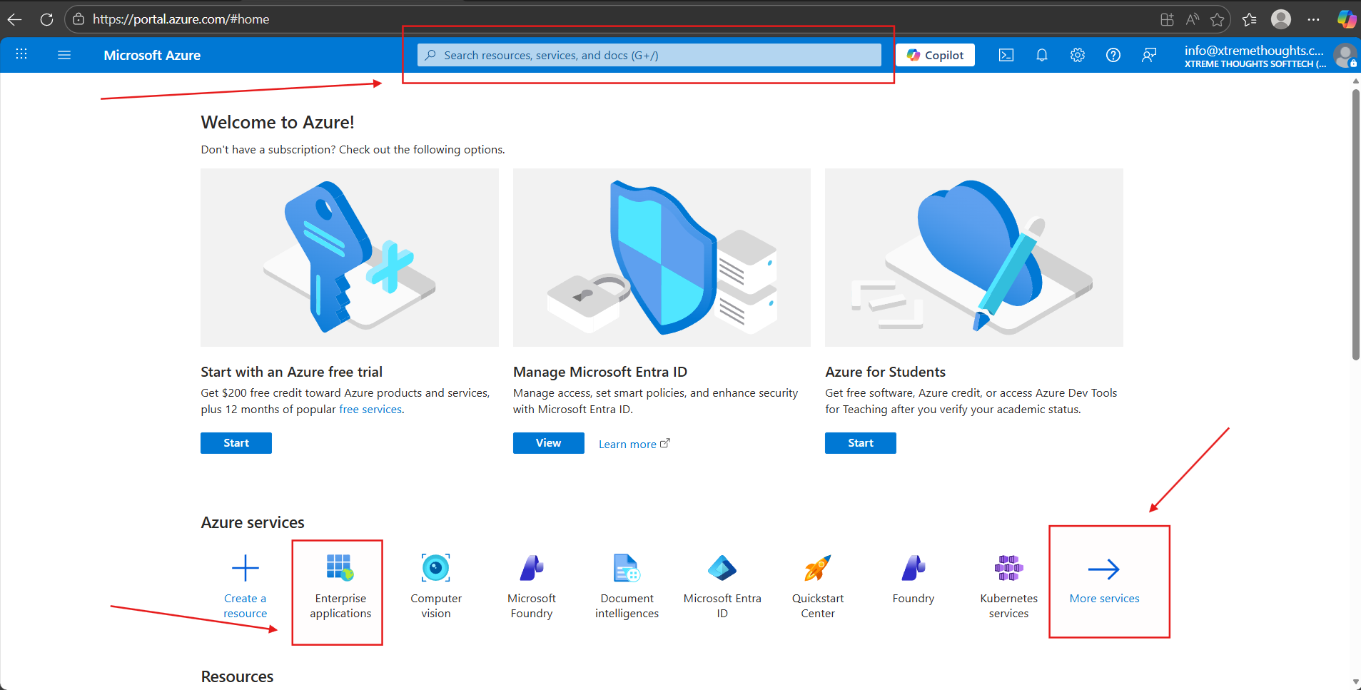 Azure Portal home screen with arrows highlighting the Enterprise Applications option in the Azure services section