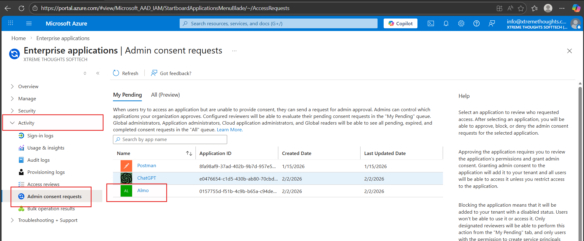 Microsoft Entra admin consent requests page showing Almo listed under the My Pending tab
