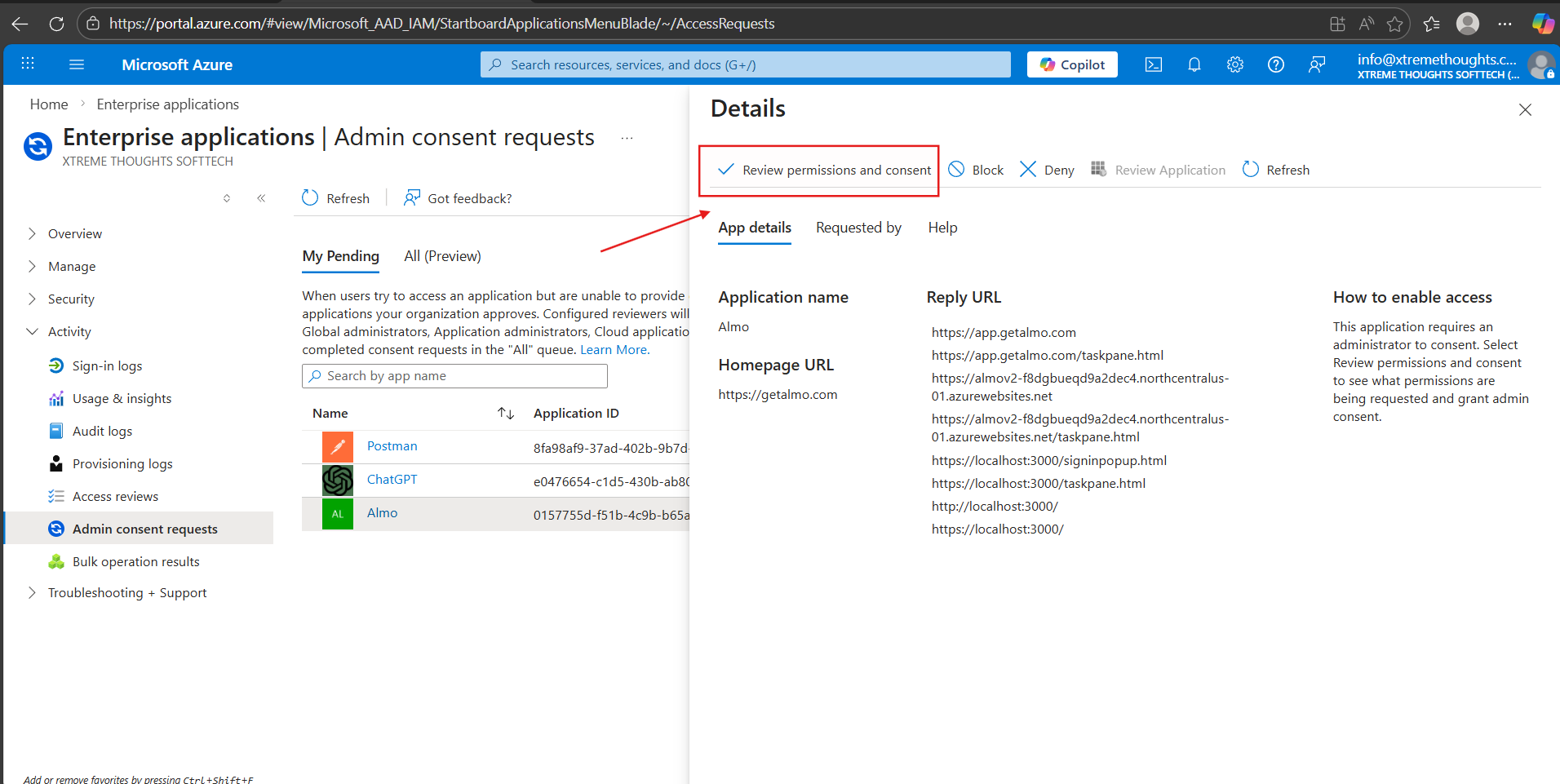 Admin consent request details panel showing the Review permissions and consent button highlighted for the Almo application