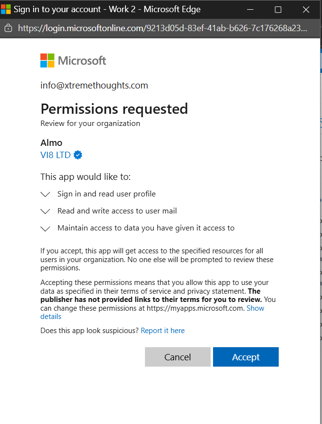 Microsoft permissions requested screen for Almo showing organisation-level permissions with Accept and Cancel buttons