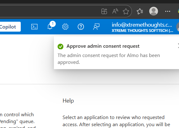 Azure Portal notification banner confirming the admin consent request for Almo has been approved