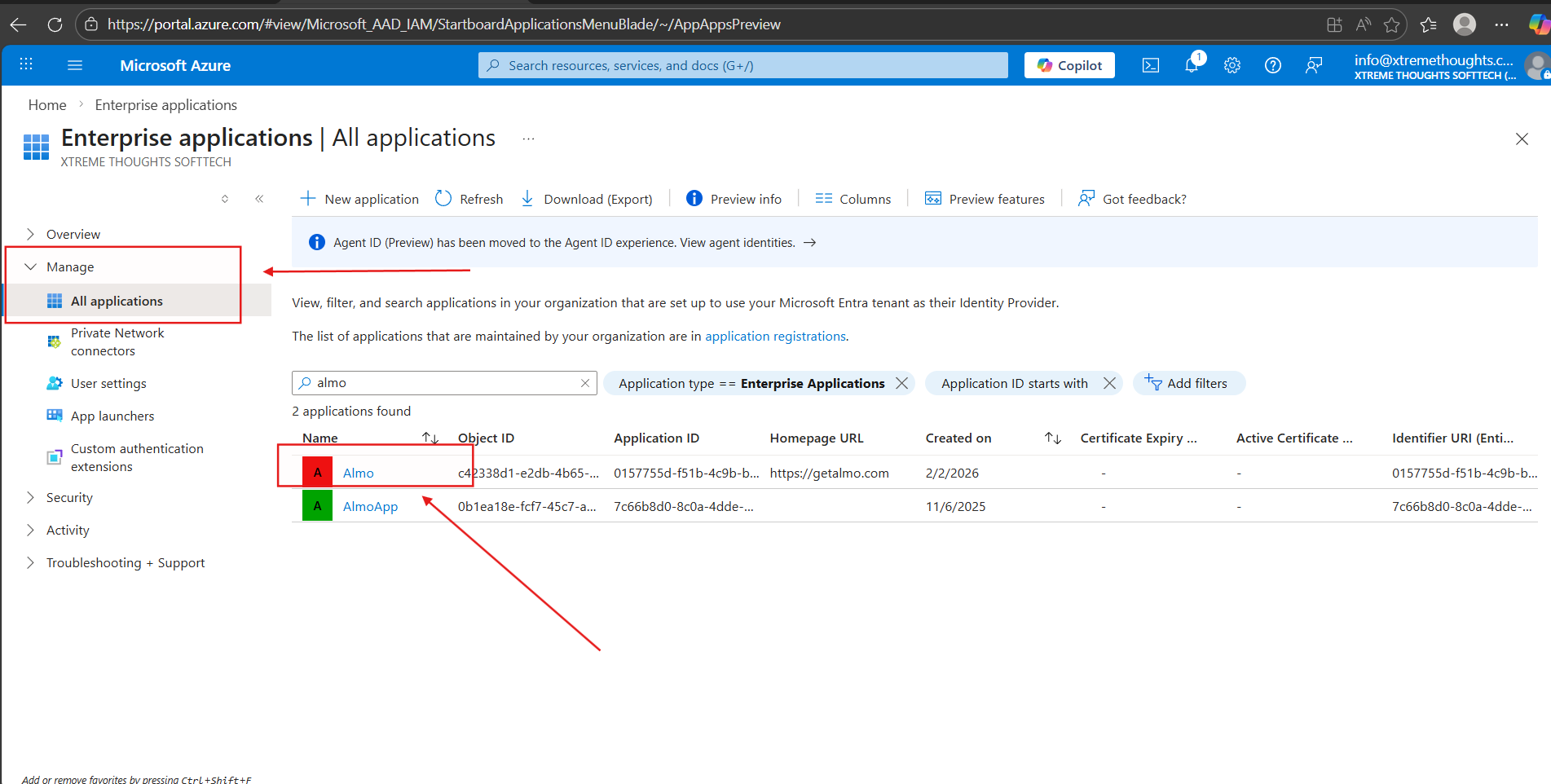 Microsoft Entra All applications page with Almo searched and highlighted in the results list