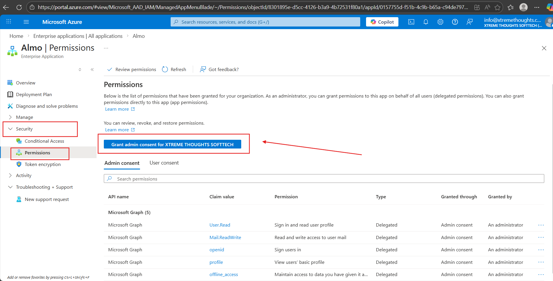 Almo application permissions page showing the Grant admin consent button highlighted under the Security section