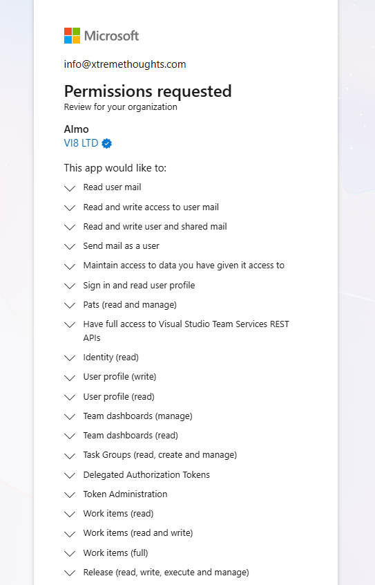 Microsoft permissions consent screen showing the full list of permissions requested by Almo including mail access and Azure DevOps scopes