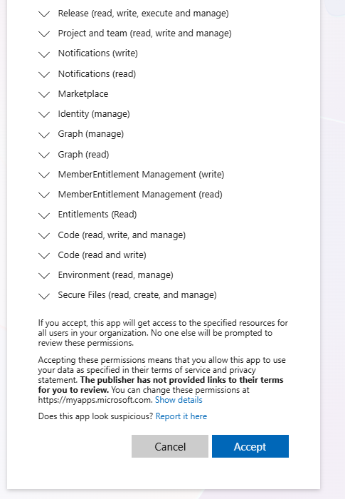 Microsoft permissions consent screen scrolled to show the Accept and Cancel buttons at the bottom of the permissions list