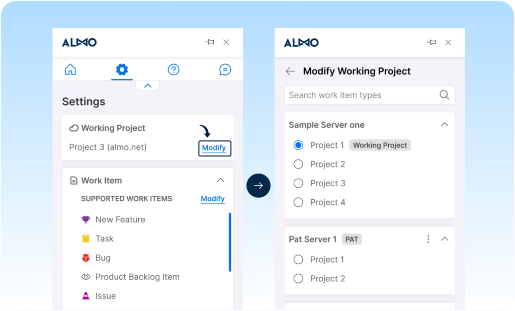 Changing your Working Project in Almo: the Settings screen with a Modify link beside the current Working Project, and the Modify Working Project screen listing projects grouped under each connected server (an Azure DevOps organisation), with the current project marked by a Working Project badge.