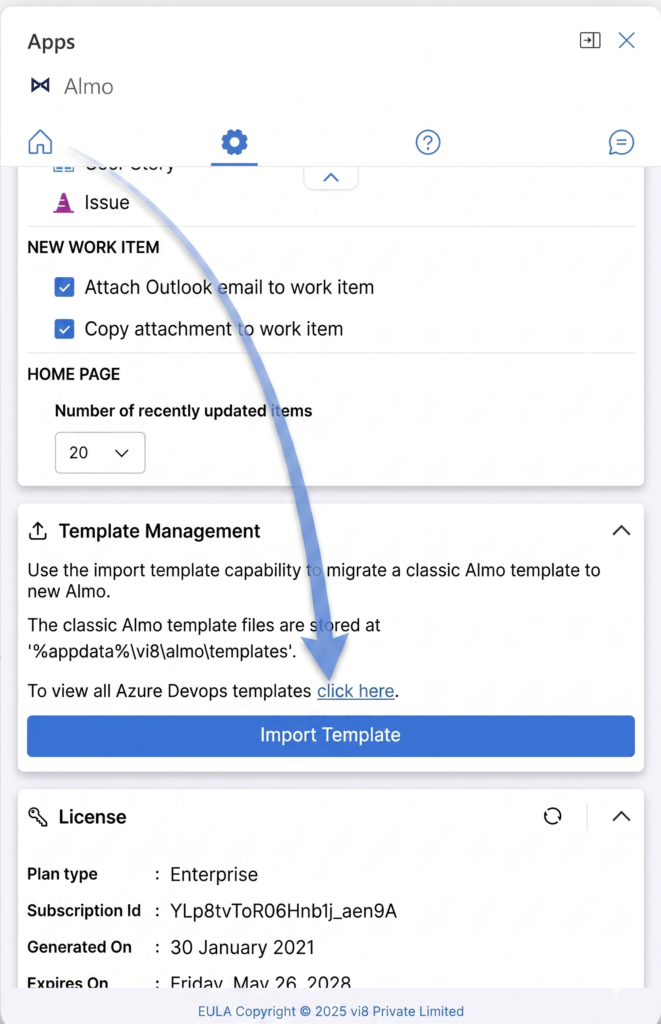 The Template Management card in Almo Settings, with an Import Template button and a note that Classic Almo template files are stored at %appdata%\vi8\almo\templates.