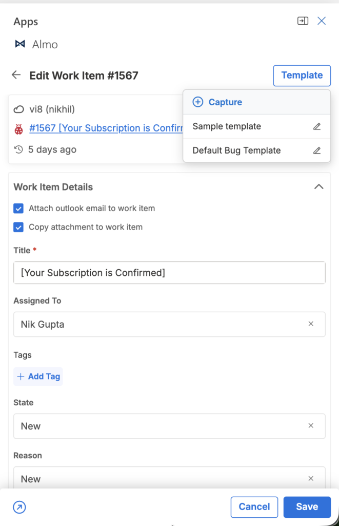 The Almo Template menu open on a work item, showing Capture at the top and a list of saved Azure DevOps templates below it.