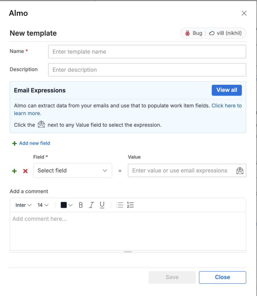he New template screen in Almo, showing the Name field, field editor with the envelope icon for selecting an Email Expression, and the Save button.