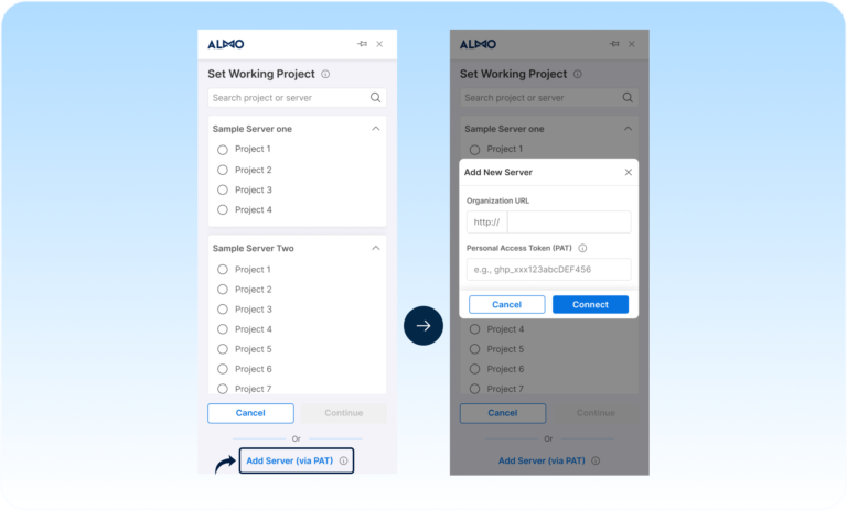 Adding a server with a PAT in Almo. The Add New Server dialog has an Organization URL field and a Personal Access Token (PAT) field, with Cancel and Connect buttons.