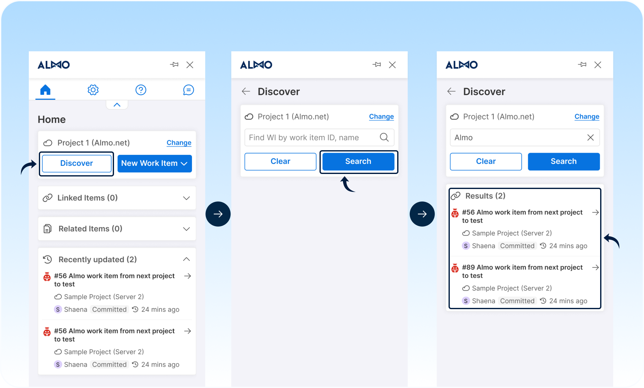 Almo Discover in three steps: the home screen with the Discover button, the Discover search screen set to a Working Project with a Change link, and a results list showing matching work items with their ID, title, project, assignee, status, and last activity.