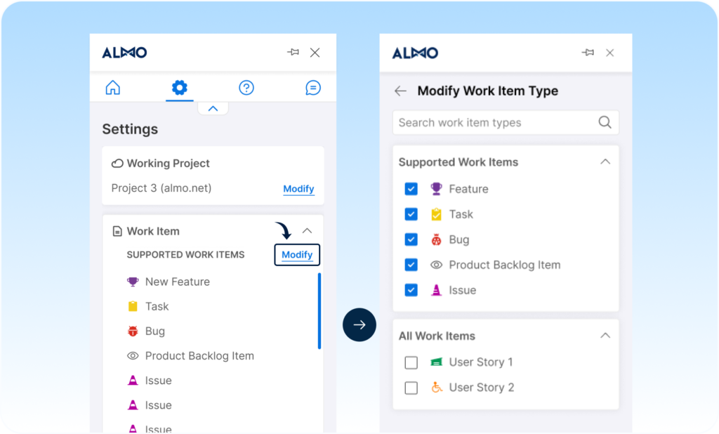 Customising work item types in Almo: the Settings screen with a Customise link next to Supported Work Items in the Work Item card, and the Customise Work Item Types screen showing enabled types under Supported Work Items and further types under All Work Items, each with a checkbox.